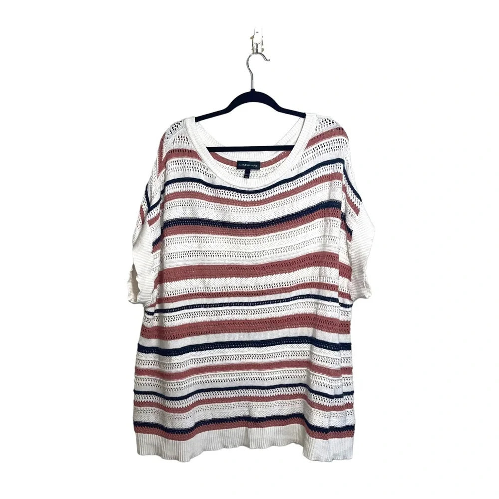 Lane Bryant White Striped Pointelle Knit Short Sleeve Sweater 4X Women’s